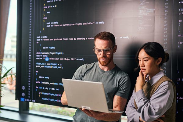 Two individuals looking at a computer